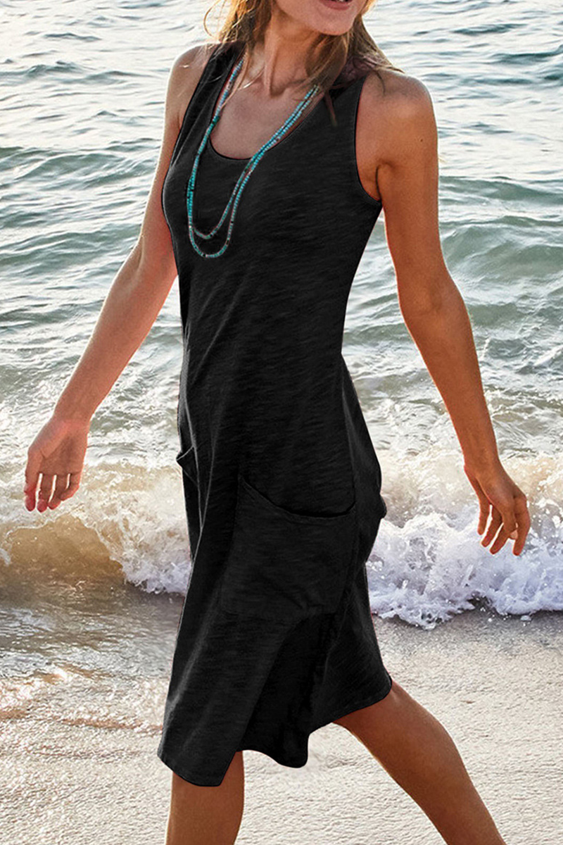 Casual Solid Patchwork Pocket Basic O Neck Straight Dresses - Fashionpara