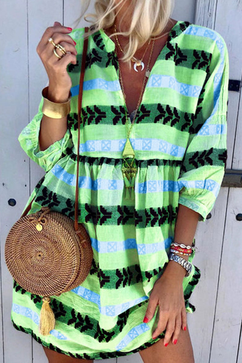 Fashion Street Print Patchwork V Neck Pleated Dresses(3 Colors) Fashionpara