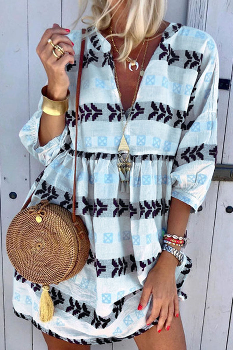 Fashion Street Print Patchwork V Neck Pleated Dresses(3 Colors) Fashionpara