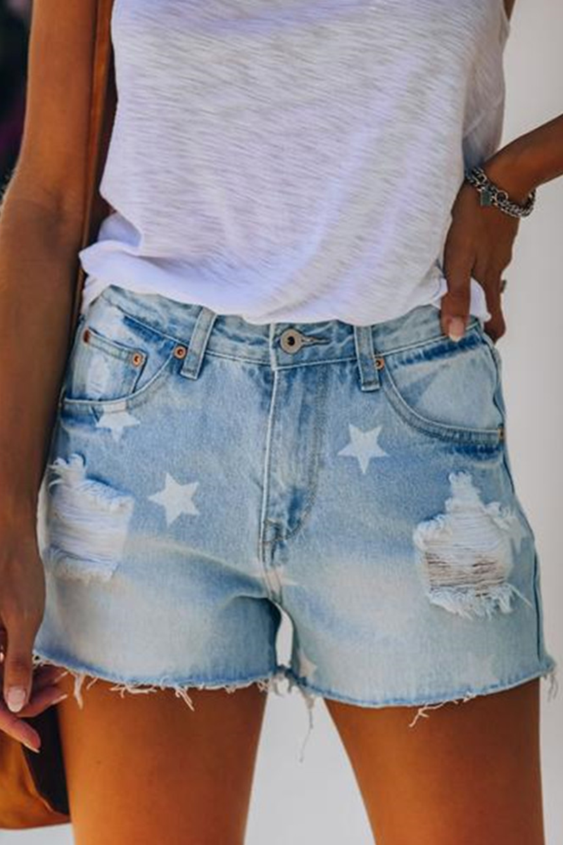 Street Daily Print The stars Tassel Ripped Make Old Regular Denim Shorts  Fashionpara