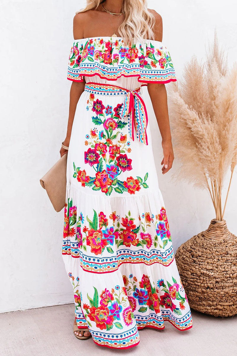 Fashion Street Print Patchwork Off the Shoulder A Line Dresses Fashionpara