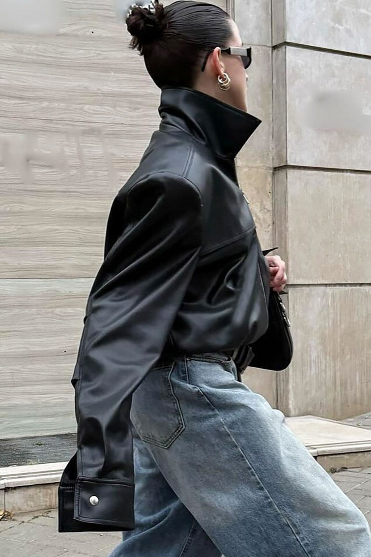 High Neck Leather Moto Jacket