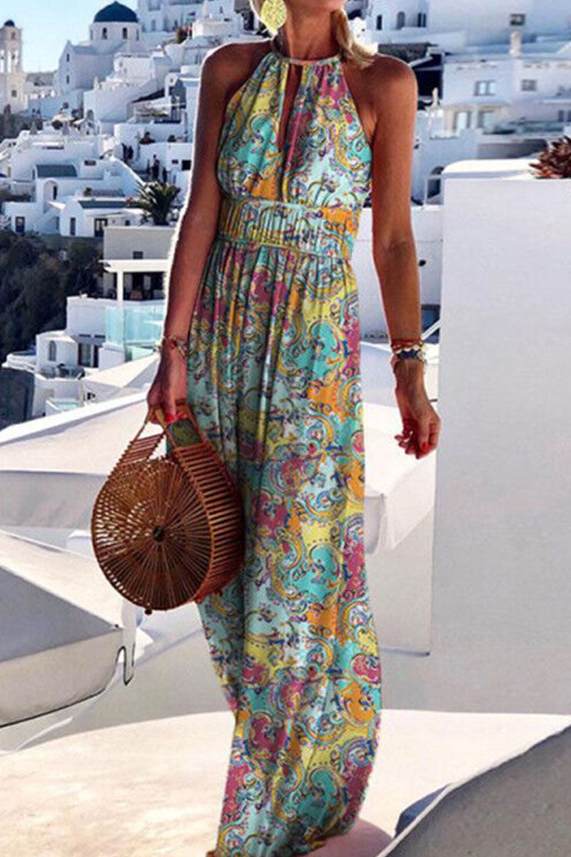 Fashion Bohemian Print Patchwork Halter Pleated Dresses Fashionpara
