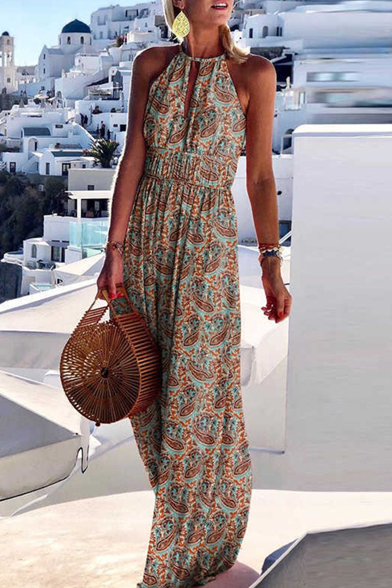Fashion Bohemian Print Patchwork Halter Pleated Dresses Fashionpara