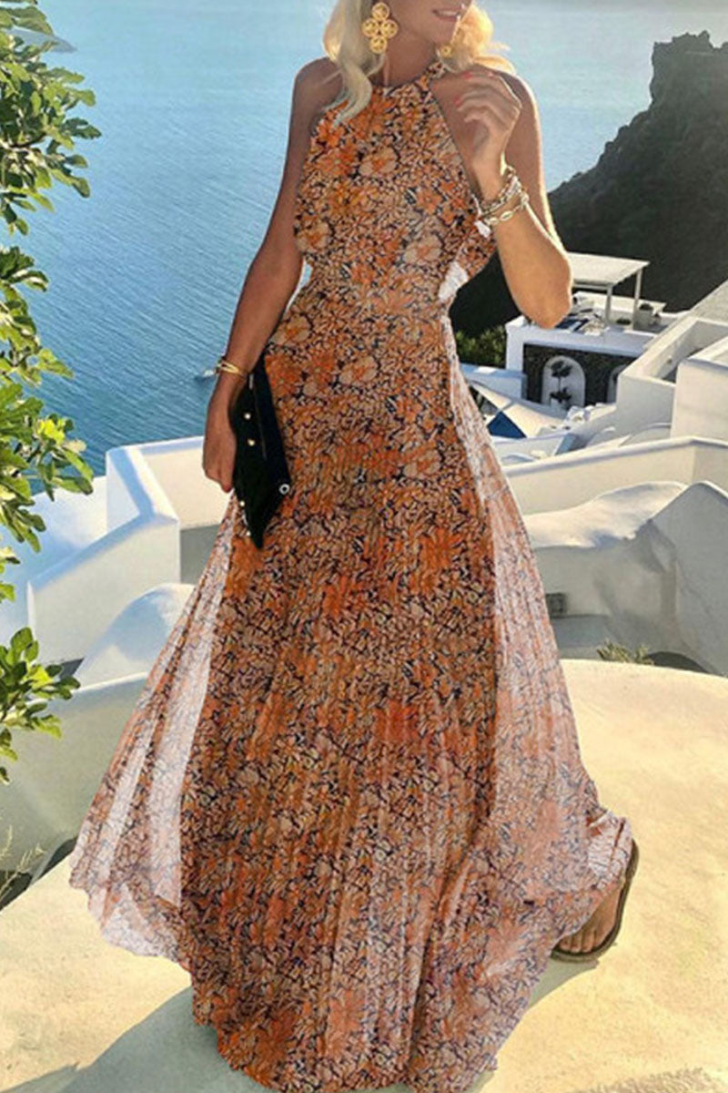 Fashion Street Print Patchwork Halter Pleated Dresses Fashionpara