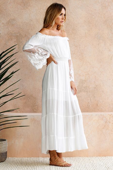 Off Shoulder Long Sleeve Lace Tiered Maxi Dress