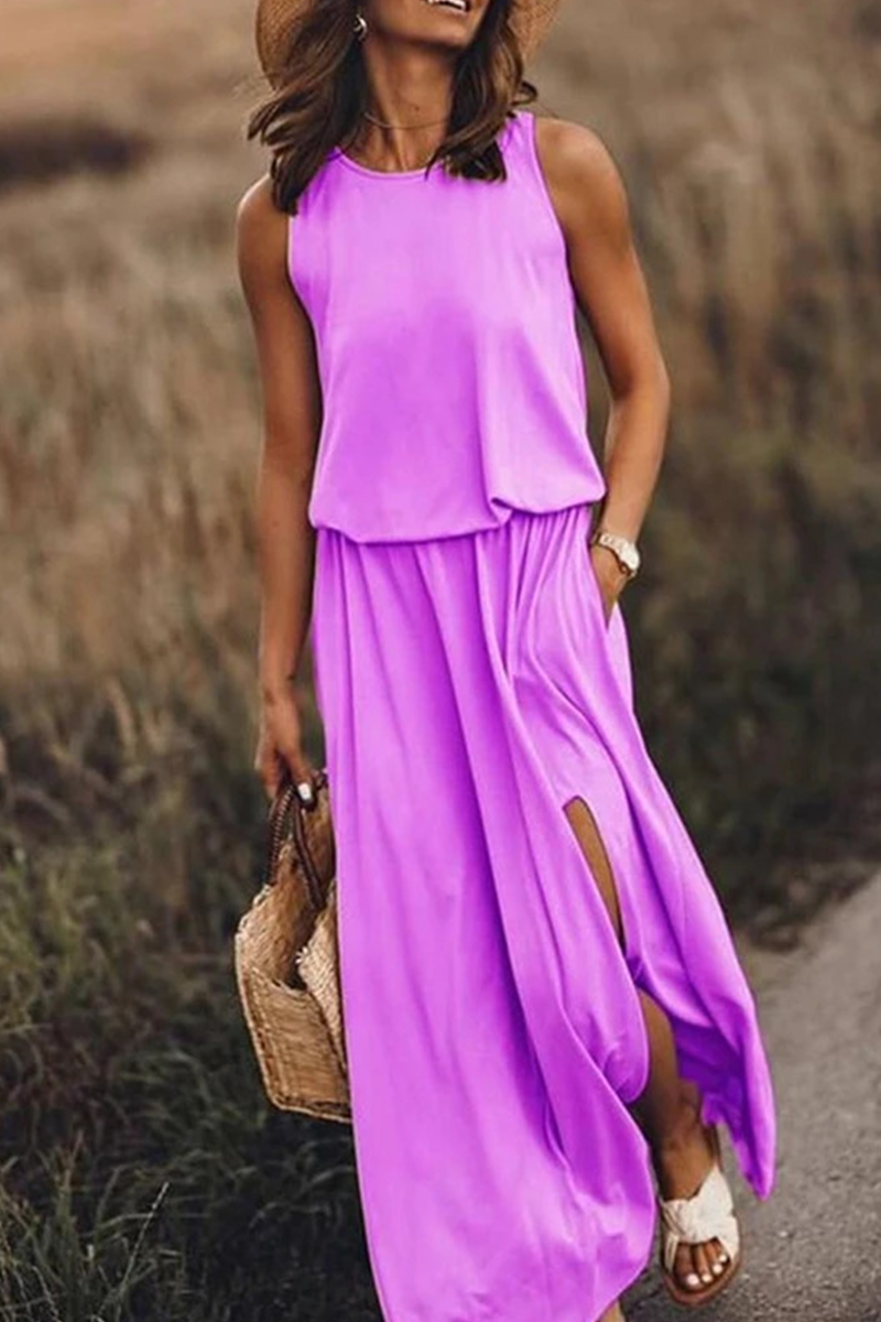 Casual Solid Patchwork Slit O Neck Waist Skirt Dresses(8 Colors) - Fashionpara