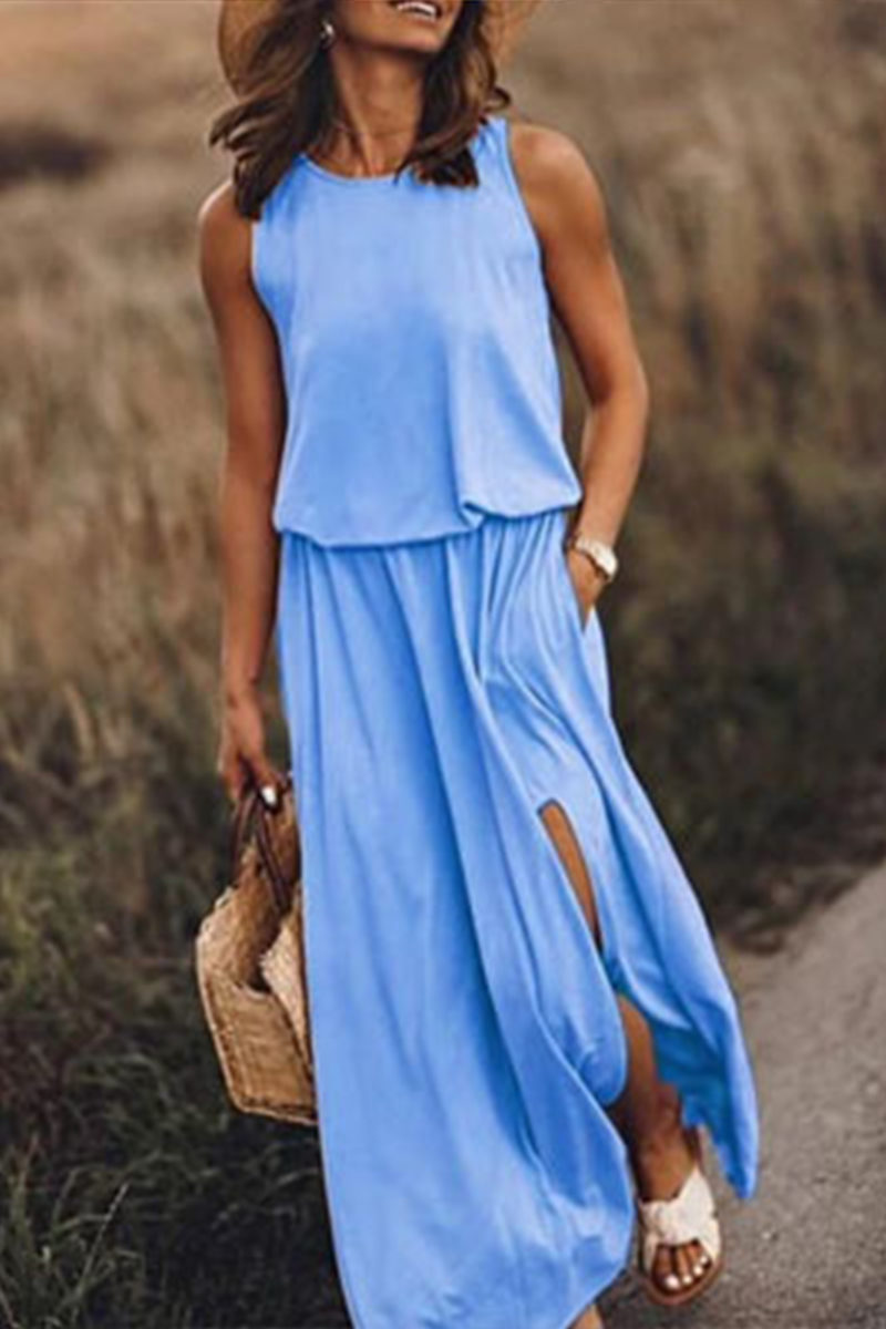 Casual Solid Patchwork Slit O Neck Waist Skirt Dresses(8 Colors) - Fashionpara