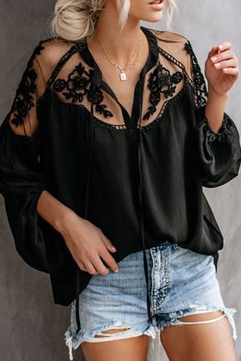 Fashion Elegant Solid Lace Frenulum See-through V Neck Tops - Fashionpara