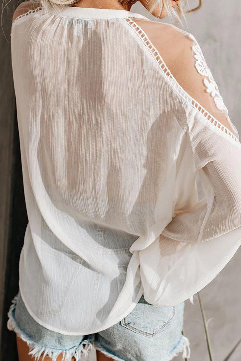 Fashion Elegant Solid Lace Frenulum See-through V Neck Tops - Fashionpara