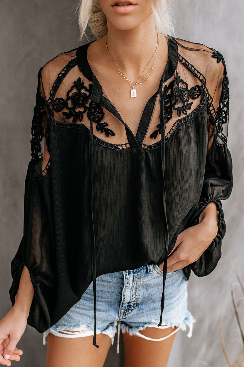 Fashion Elegant Solid Lace Frenulum See-through V Neck Tops - Fashionpara