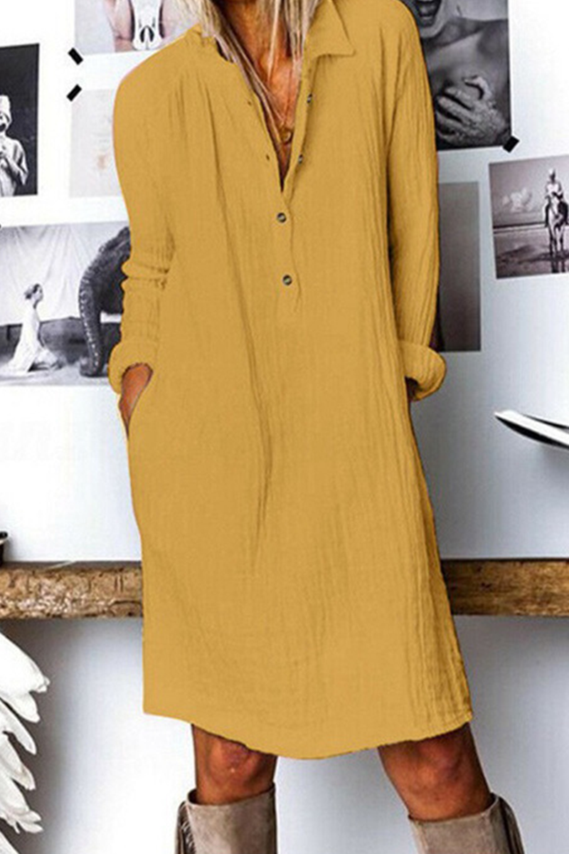 Casual Street Solid Buckle Turndown Collar Dresses(3 Colors) - Fashionpara