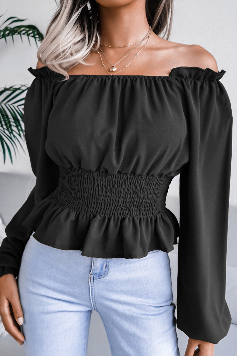 Fashion Elegant Solid Patchwork Flounce Off the Shoulder Blouses(5 Colors)