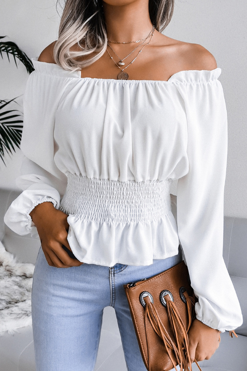 Fashion Elegant Solid Patchwork Flounce Off the Shoulder Blouses(5 Colors)
