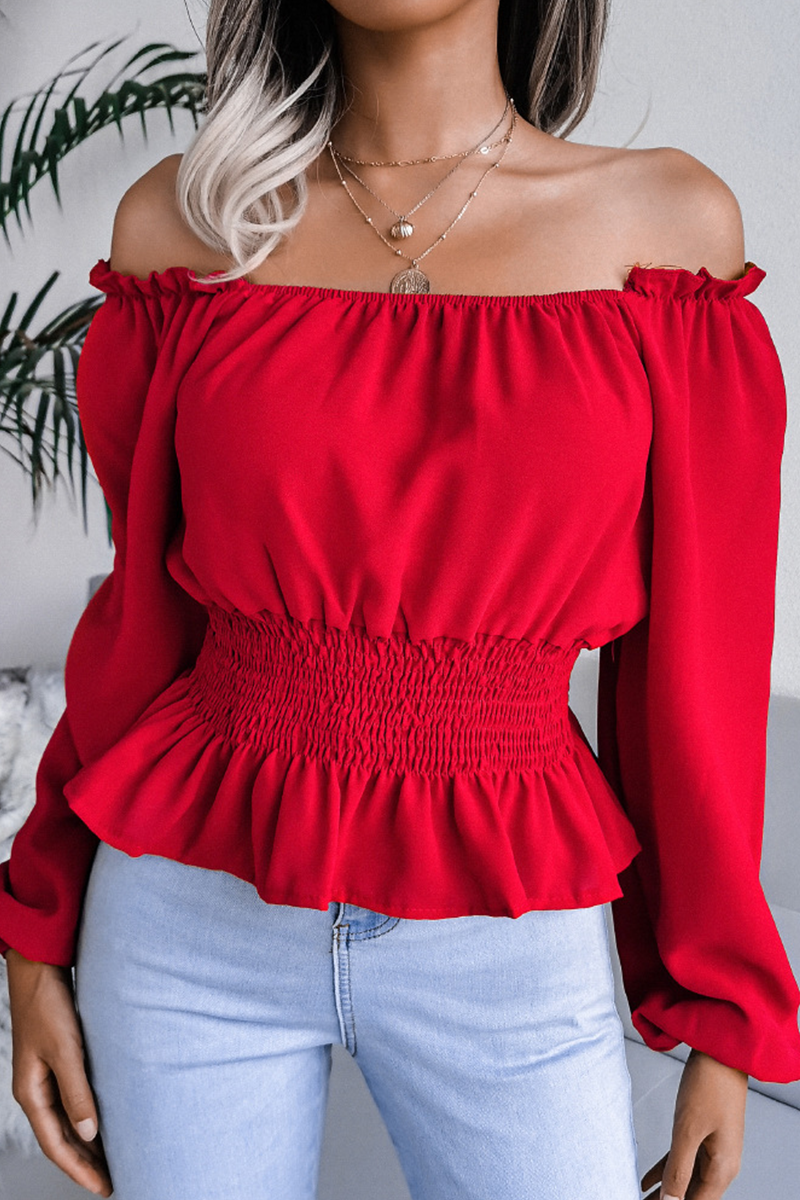 Fashion Elegant Solid Patchwork Flounce Off the Shoulder Blouses(5 Colors)