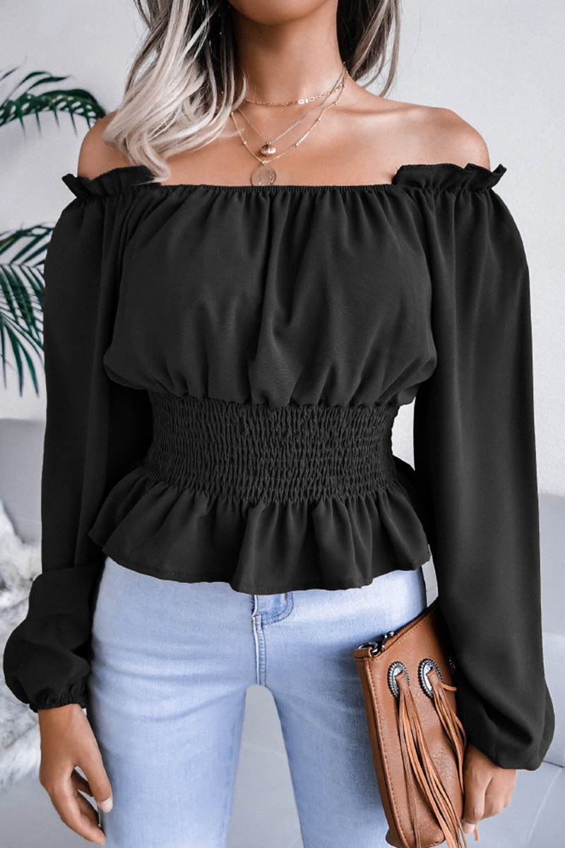 Fashion Elegant Solid Patchwork Flounce Off the Shoulder Blouses(5 Colors)