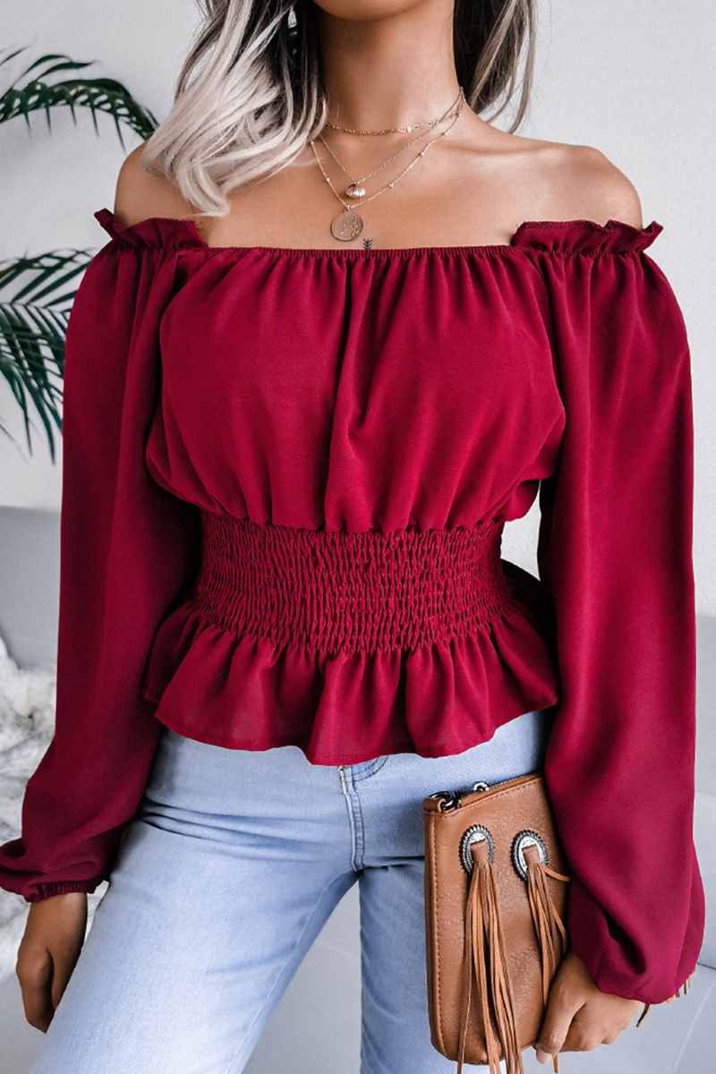 Fashion Elegant Solid Patchwork Flounce Off the Shoulder Blouses(5 Colors)
