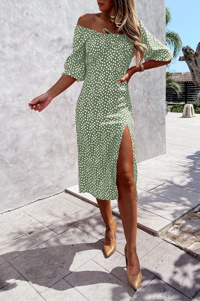 Fashion Elegant Polka Dot Frenulum Slit Off the Shoulder Dresses