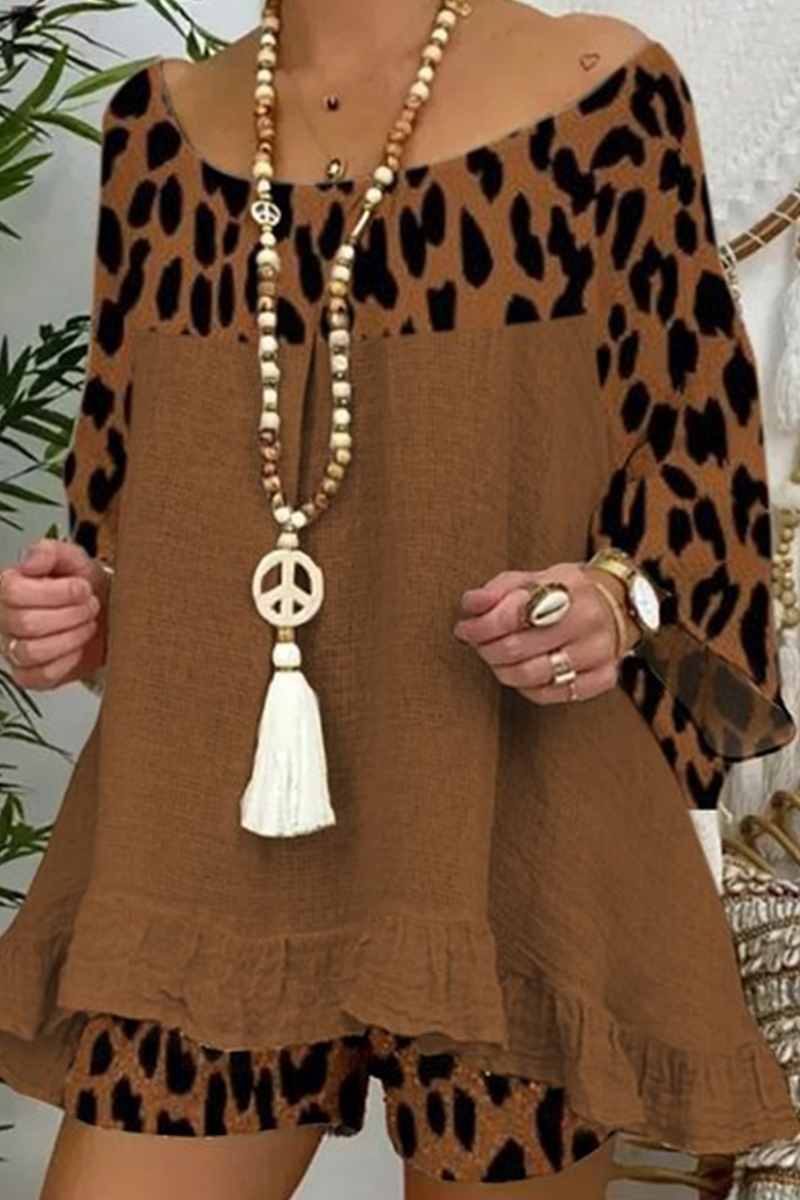 Casual Street Leopard Patchwork Flounce O Neck Three Quarter Two Pieces - Fashionpara