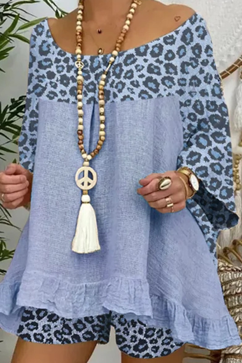 Casual Street Leopard Patchwork Flounce O Neck Three Quarter Two Pieces - Fashionpara