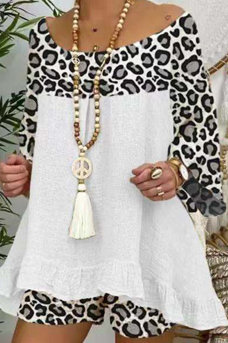Casual Street Leopard Patchwork Flounce O Neck Three Quarter Two Pieces - Fashionpara