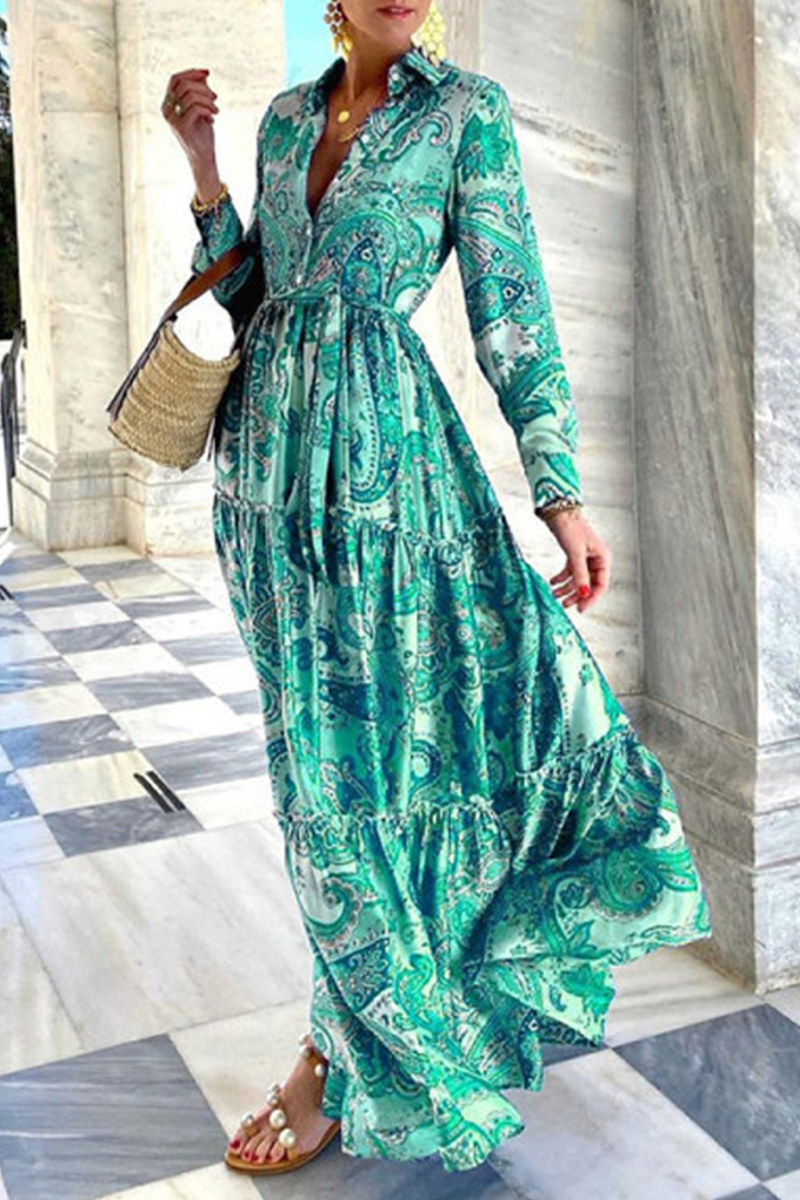 Street Print Patchwork Buckle POLO collar A Line Dresses Fashionpara