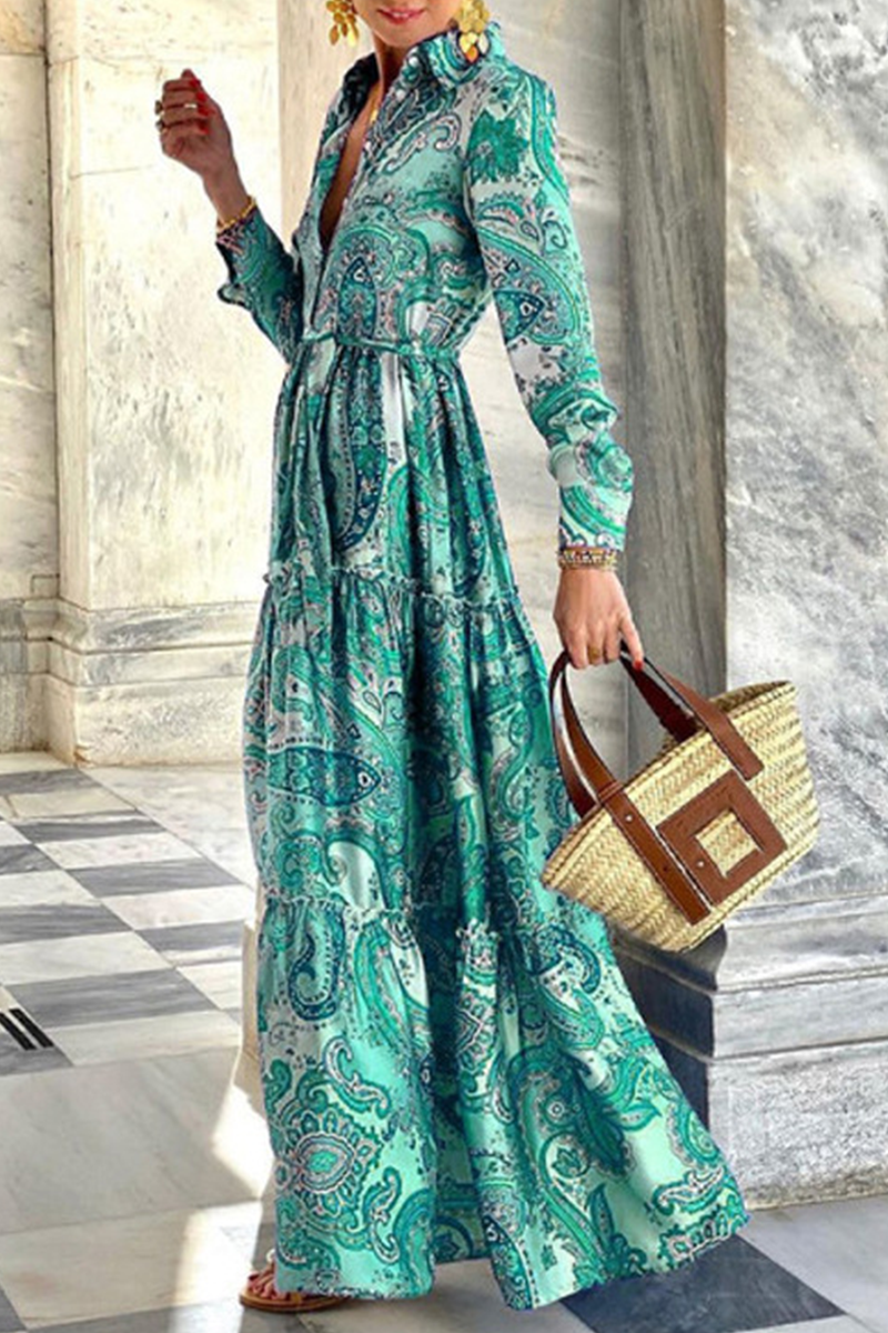 Street Print Patchwork Buckle POLO collar A Line Dresses Fashionpara