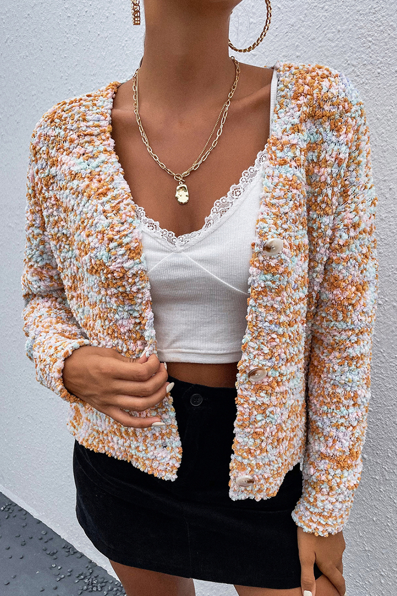 Casual Patchwork Buckle V Neck Tops Sweater - Fashionpara