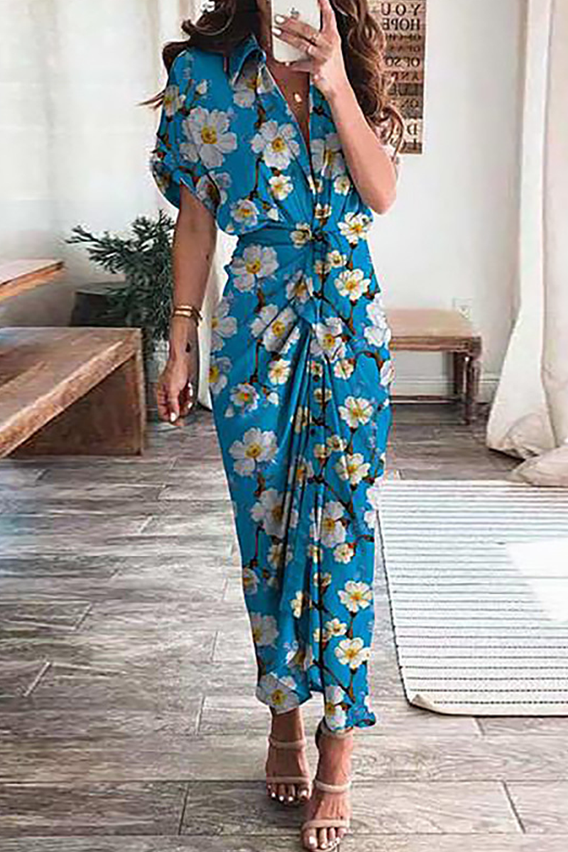 Elegant Print Frenulum Buckle Turndown Collar Pencil Skirt Dresses(7 Colors) Fashionpara