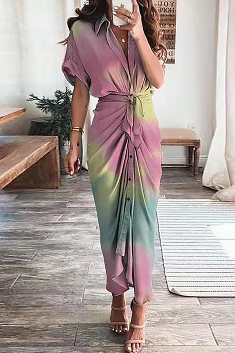 Elegant Print Frenulum Buckle Turndown Collar Pencil Skirt Dresses(7 Colors) Fashionpara