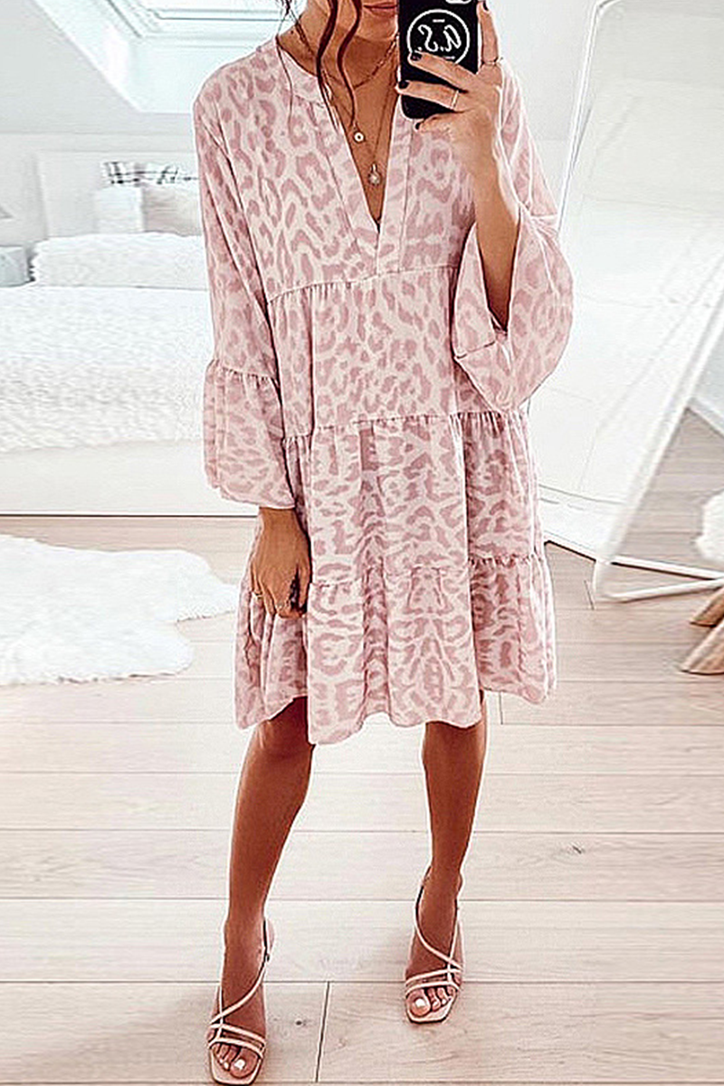 Casual Print Patchwork Flounce V Neck Cake Skirt Dresses(6 Colors) Fashionpara