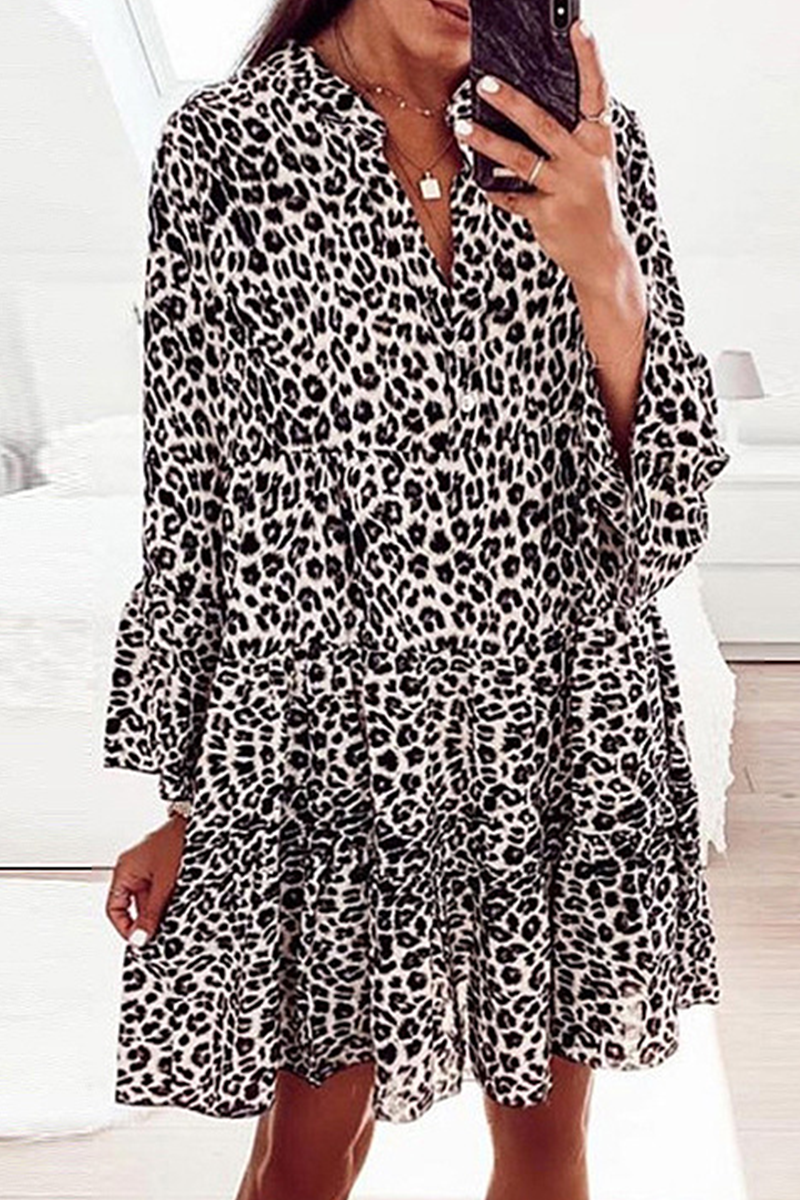 Casual Print Patchwork Flounce V Neck Cake Skirt Dresses(6 Colors) Fashionpara