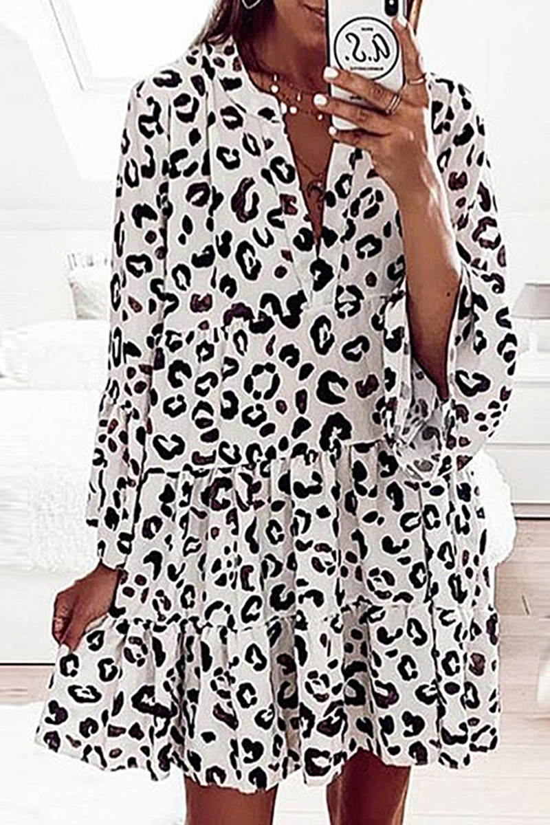 Casual Print Patchwork Flounce V Neck Cake Skirt Dresses(6 Colors) Fashionpara