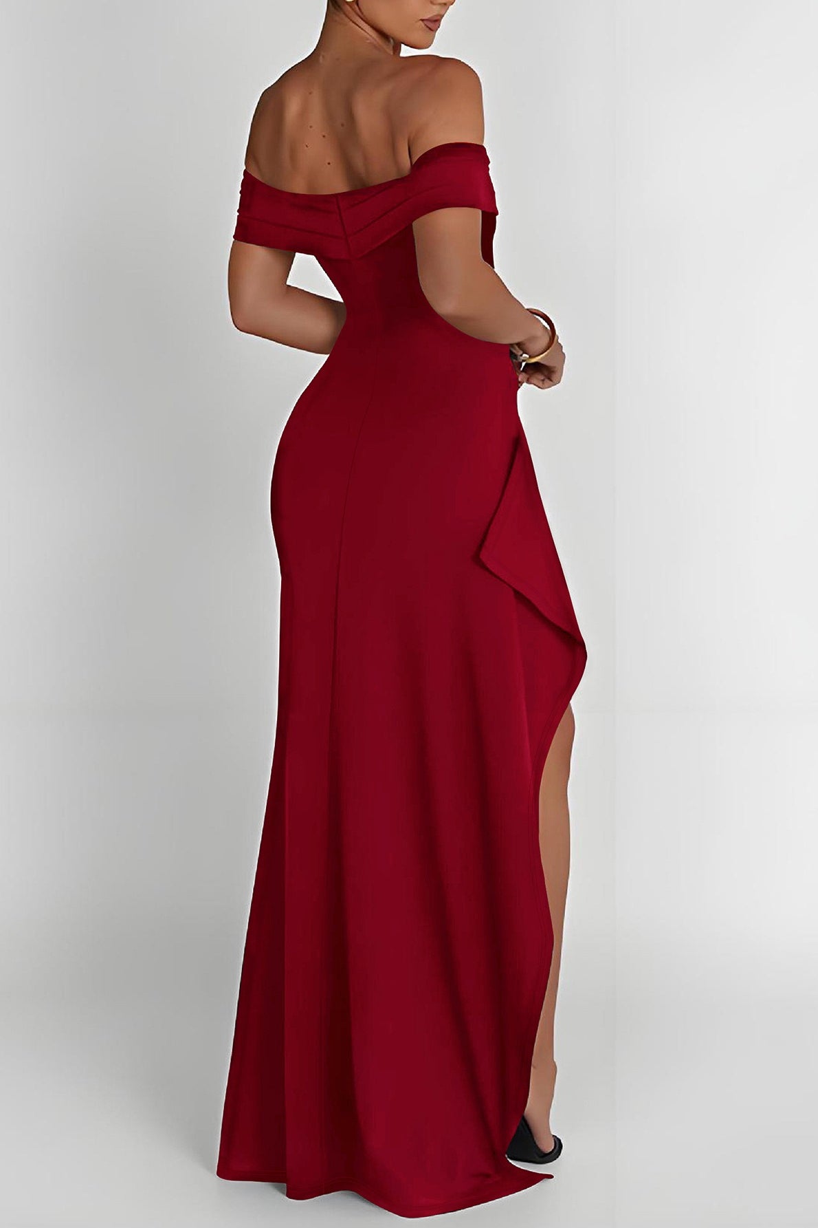 Off-Shoulder Ruched High-Slit Bodycon Maxi Gown