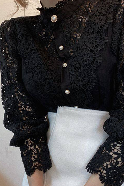 Elegant Patchwork Lace Hollowed Out Buckle Mandarin Collar Blouses(3 Colors) - Fashionpara