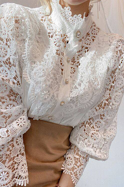 Elegant Patchwork Lace Hollowed Out Buckle Mandarin Collar Blouses(3 Colors) - Fashionpara