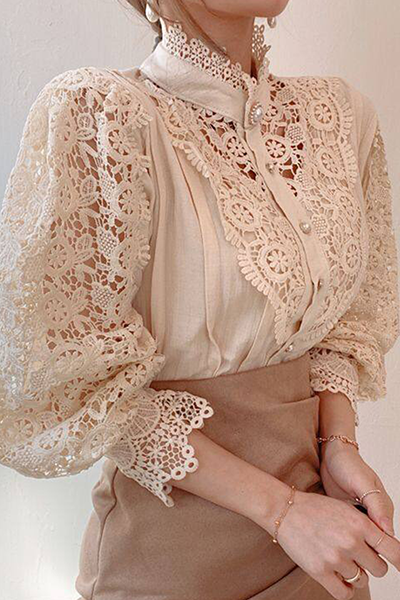 Elegant Patchwork Lace Hollowed Out Buckle Mandarin Collar Blouses(3 Colors) - Fashionpara