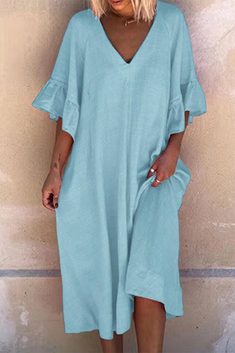 Casual Solid Patchwork Flounce V Neck Dresses - Fashionpara