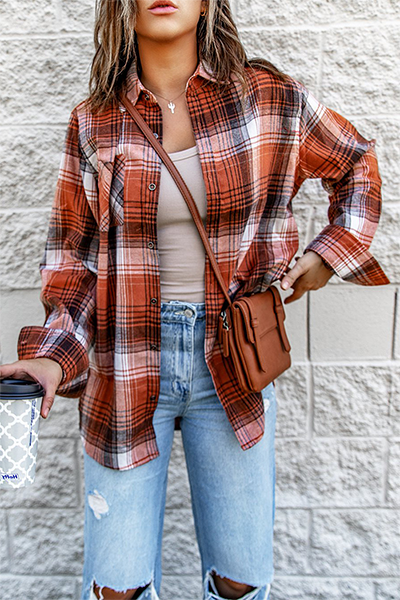 Casual Plaid Patchwork Buckle Turndown Collar Blouses - Fashionpara
