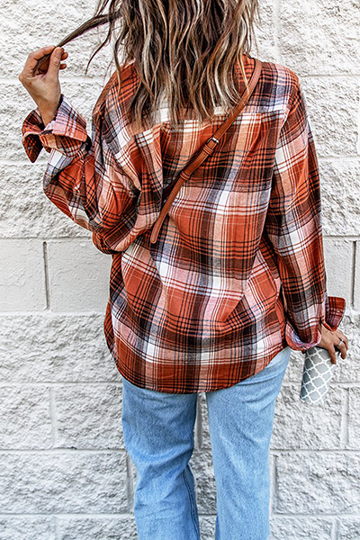 Casual Plaid Patchwork Buckle Turndown Collar Blouses - Fashionpara