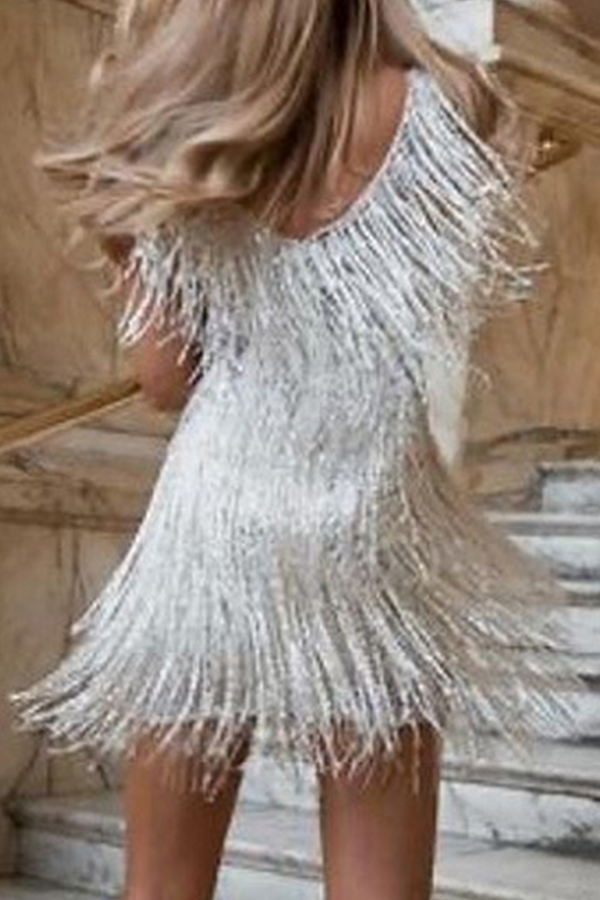 Fashion Elegant Solid Tassel Patchwork V Neck Evening Dress Dresses - Fashionpara