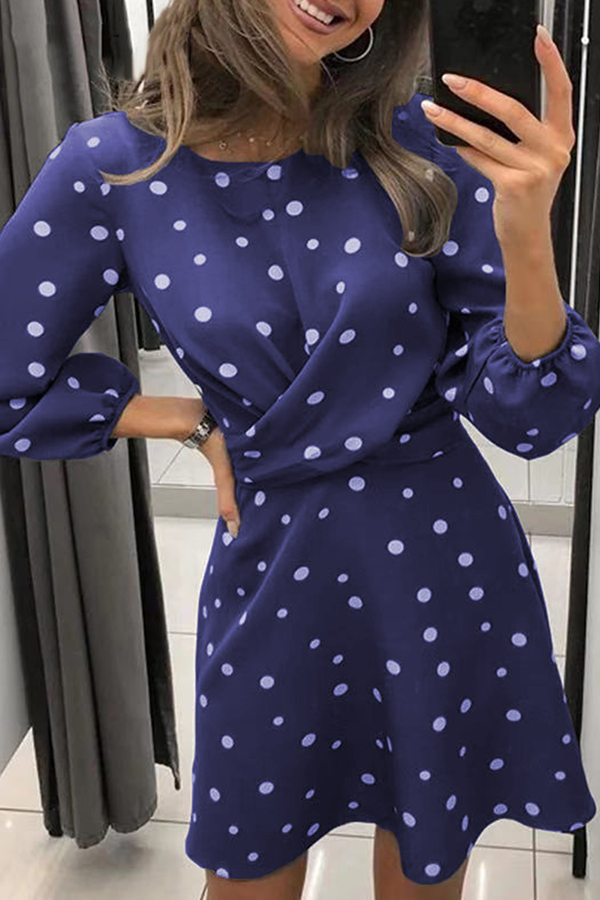 Casual Polka Dot Patchwork Fold O Neck Waist Skirt Dresses(4 Colors)  Fashionpara