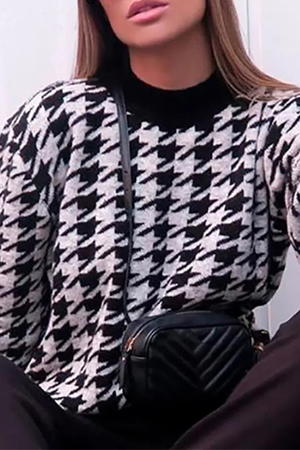 Flornana Geometric Contrast O Neck Sweater in Three Colors