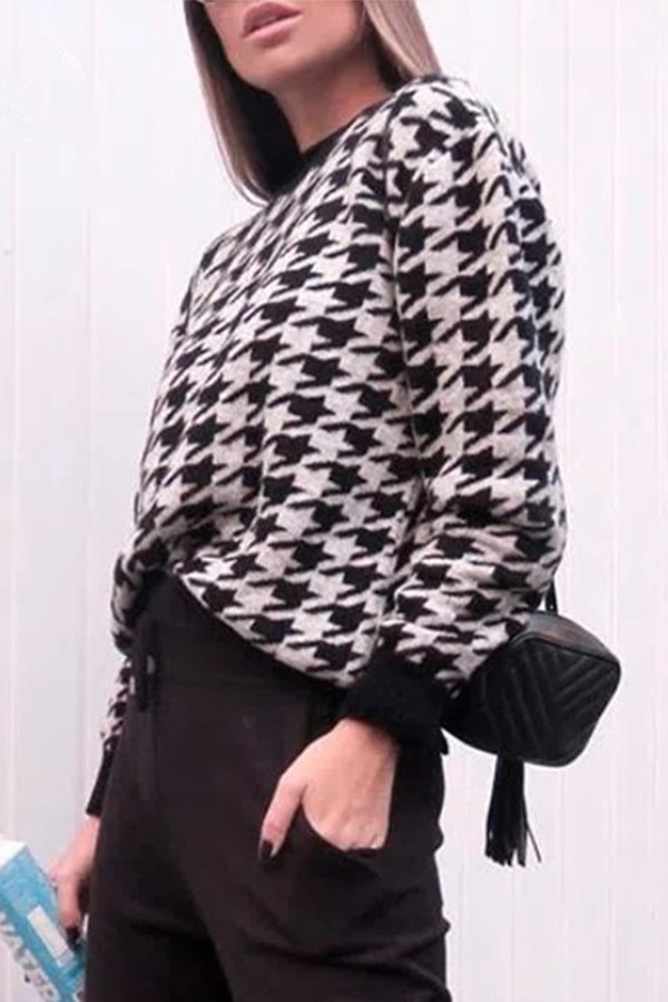 Flornana Geometric Contrast O Neck Sweater in Three Colors