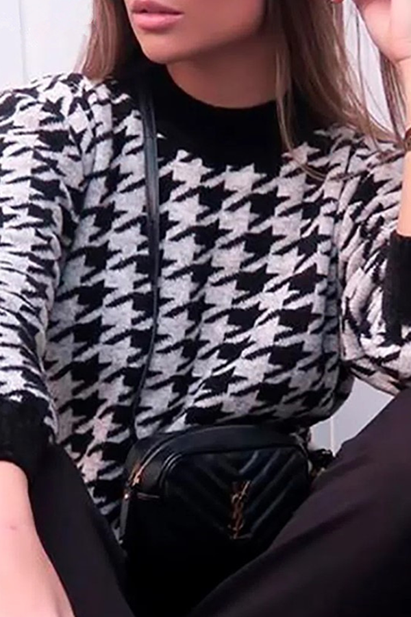 Flornana Geometric Contrast O Neck Sweater in Three Colors