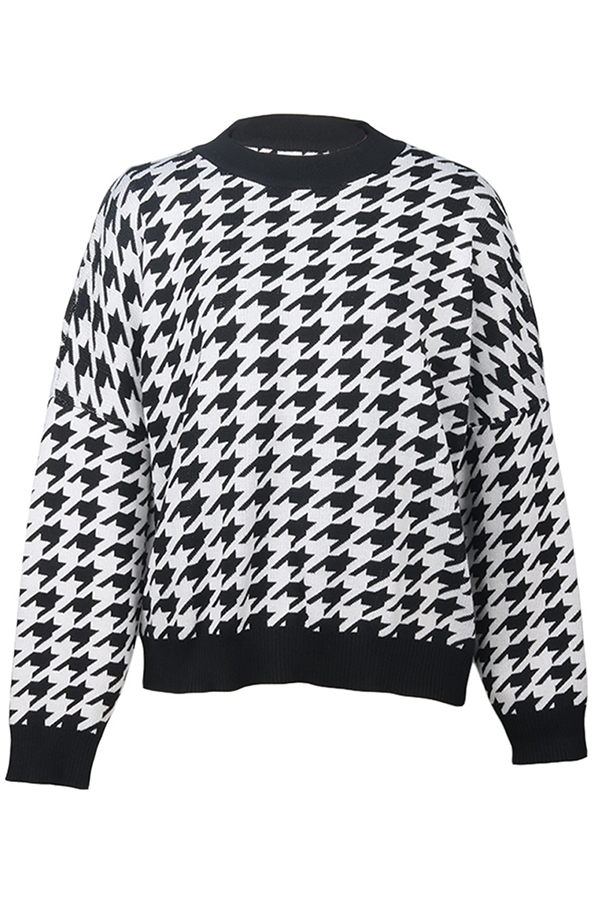 Flornana Geometric Contrast O Neck Sweater in Three Colors