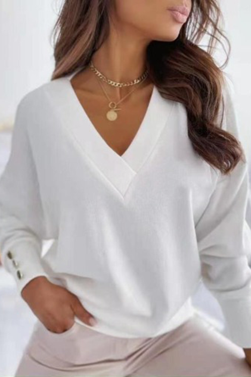 Solid Split Joint Buckle V Neck Tops - Fashionpara