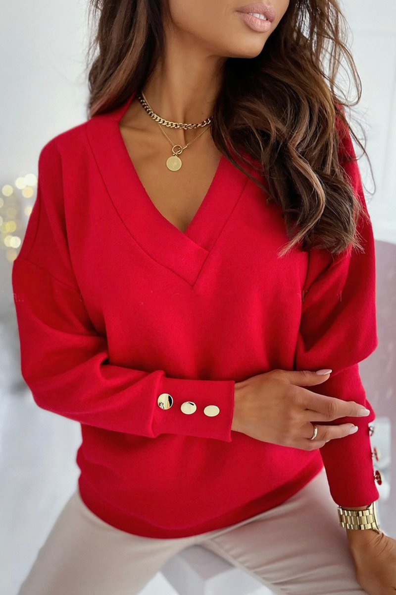 Solid Split Joint Buckle V Neck Tops - Fashionpara