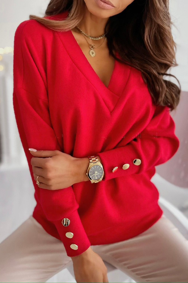 Solid Split Joint Buckle V Neck Tops - Fashionpara