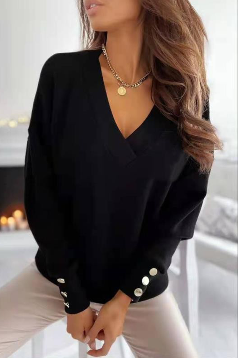 Solid Split Joint Buckle V Neck Tops - Fashionpara